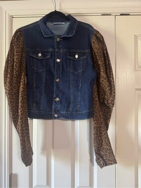 Denim Jacket with Leopard Print Puff Sleeves - Blue and Brown